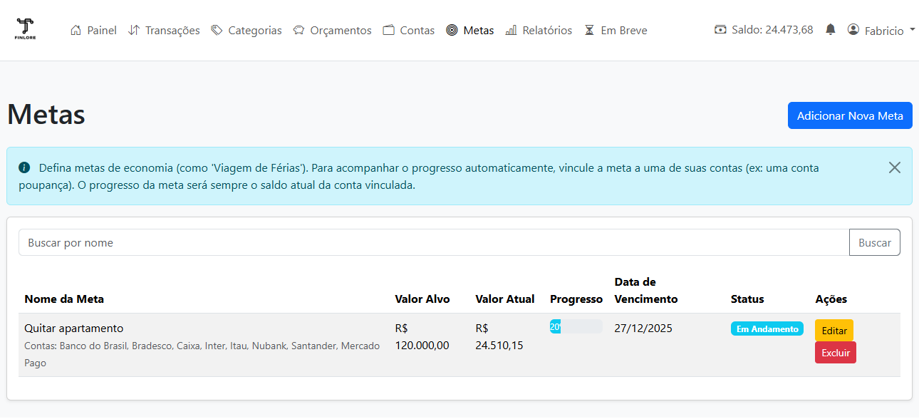 Tela de criação e acompanhamento de metas financeiras