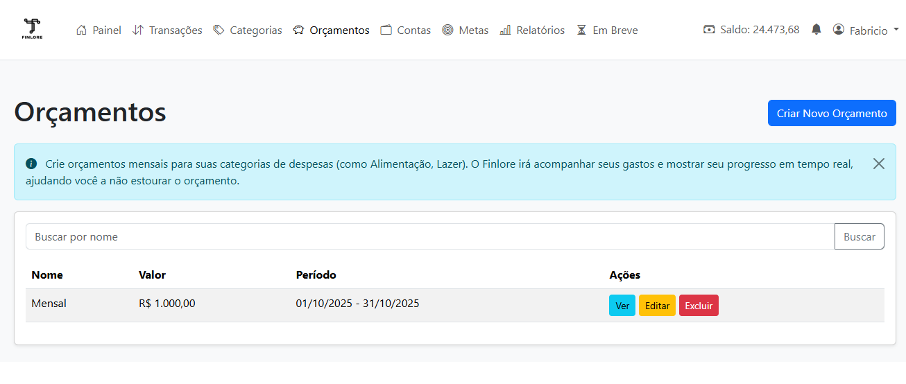 Tela de definição de orçamentos por categoria